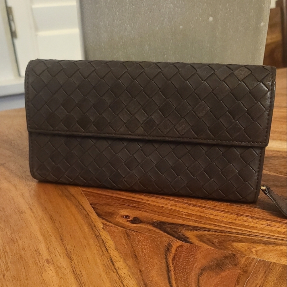 Bottega Veneta Brown intrecciato leather flap wallet vintage